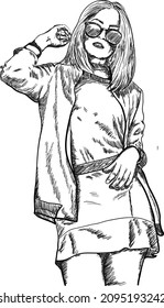 Hand drew beautiful young woman Stylish elegant girl Fashion line art Sketch 