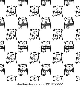 Hand and drew Black and white patterns, bears, Christmas time for your design 