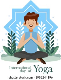 hand drew international day yoga illustration. Vector illustration with a man in yoga poses on a mountains landscape background for use as template of the poster for International Yoga Day, 21st June.