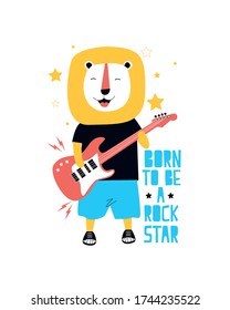 Hand drew to rock and roll elements and lion with slogans. Vector illustration.	