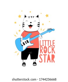 Hand drew rock and roll elements and cat with slogans. Vector illustration.	