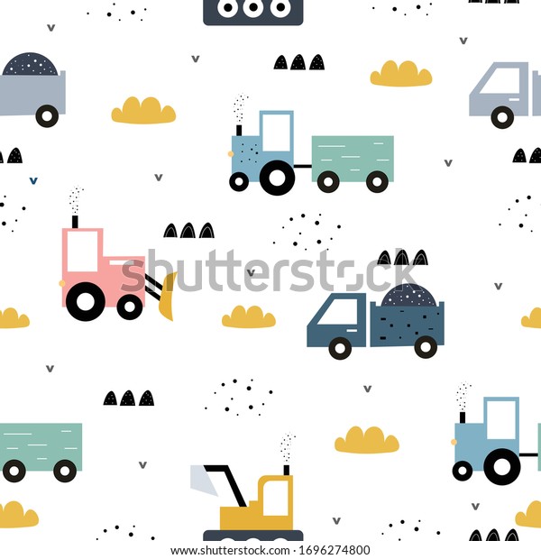 Hand drew seamless pattern Background image\
with the tractor and dump truck pattern Creative texture design\
ideas for children for fabric, textile, wallpaper, apparel. Vector\
illustration