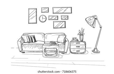 Hand drew sketch of the modern living room interior. Room interior with a couch and pillows, lamp and small coffee table. Vector illustration