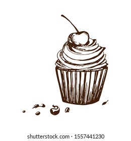 The hand drew a sketch of an old chocolate cake. Food sketch and kitchen Doodle. Can be used for the design of the menu of cafes and restaurants. Vector illustration