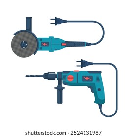 Taladro manual. Amoladora de ángulo. Herramienta eléctrica manual. Equipos para reparación y tareas domésticas. Diseño plano de Ilustración vectorial. Aislado sobre fondo blanco.