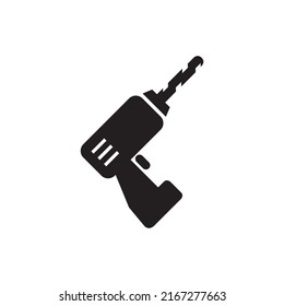 Hand drill icon in in black colour on white background. Drill machine icon for handyman concept. Household instrument in cartoon design. Electric device for repairman. Vector illustration. 