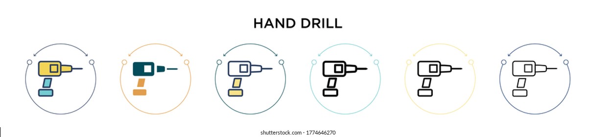 Hand drill icon in filled, thin line, outline and stroke style. Vector illustration of two colored and black hand drill vector icons designs can be used for mobile, ui, web