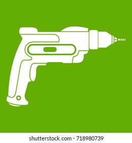 Hand drill icon white isolated on green background. Vector illustration