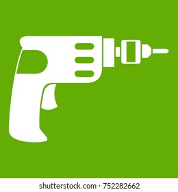 Hand drill icon white isolated on green background. Vector illustration