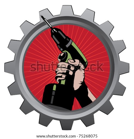 hand with drill in metal badge vector illustration eps 10