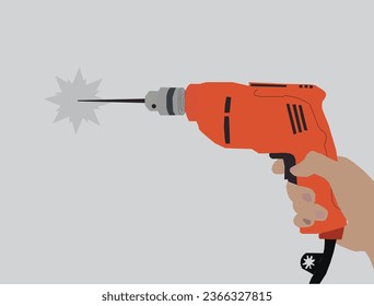 Hand drill on red wall with gray background