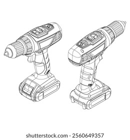Hand drill tool icon design template, outline cordless icon, black lineart vector ilustration isolated on white background