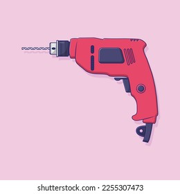 Hand Drill Vector Icon Illustration with Outline for Design Element, Clip Art, Web, Landing page, Sticker, Banner. Flat Cartoon Style