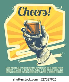 Hand with drink glass. Retro vector party poster.