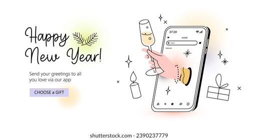 Hand with drinking glass coming out of smartphone screen. New Year celebration web banner template. Contemporary vector illustration of sending cheers via mobile app. Seasonal communication.