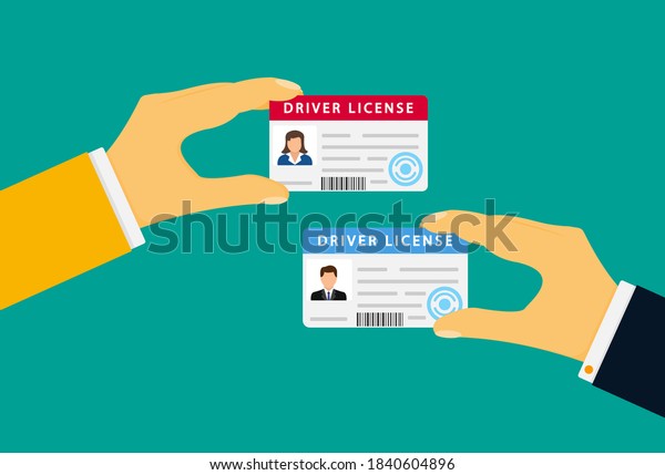 Hand with a\
driver\'s license. Identification. Man and woman. Driver\'s license\
icon. Identity card, personal\
data
