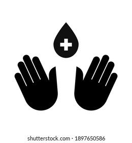 Hand with drop antiseptic on white background. Virus protection tips. Hand hygiene. Disease prevention symbol, sign. Corona virus icon. Health care. 