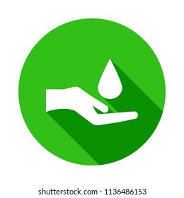hand and drop green icon in Badge style with shadow  on white background