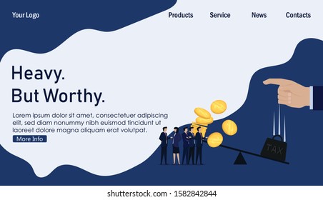Hand drop heavy tax weight to balance and coins scattered business team complain. Business Landing Page Template.