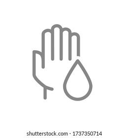 Hand with drop line icon. Hygiene, cleaning supply, hand disinfection symbol