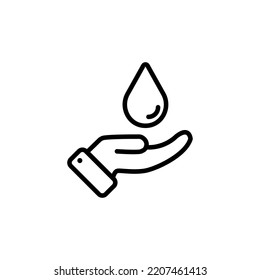 Hand with Drop line icon. Liquid, aqua, drinking, evaporation, man, thirst, drinking water. Save the water. Beverage concept. White background. Vector line icon for Business and Advertising