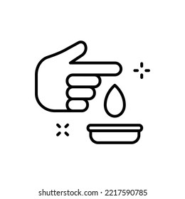 Hand with a drop line icon. Liquid, oil, water, blood, analysis, drip, bowl, container, hospital, complete blood count, consistency, cosmetics. Information signs concept. Vector line icon for Business