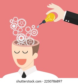 Hand drop lubricant into gears on brain head. Brain maintenance concept. Vector illustration