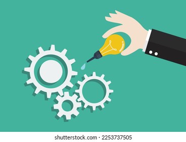 Lleve el lubricante de mano a los engranajes mecánicos. Concepto de idea de negocio. Ilustración del vector