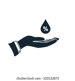Hand with drop percent icon, vector business isolated illustration of income.