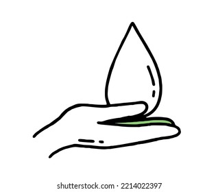 A hand with a drop of water. Co2 concept of climate change. Recycling. Vector doodle