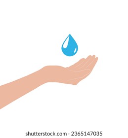 Una mano y una gota de agua sobre un fondo blanco con espacio para copiar