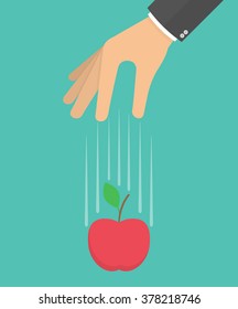 Hand dropping apple. Hand with falling apple. Gravity concept. Flat style 