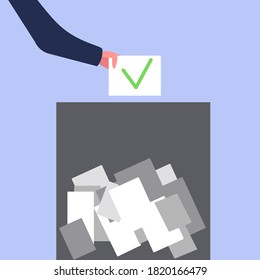 Hand, die den Stimmzettel in die Wahlurne stürzt, das Konzept der Wahl