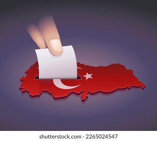 Hand dropping a ballot into a slot on the 3D map of Turkey in the colors of the Turkish flag symbolizing an election in Turkey on dark background