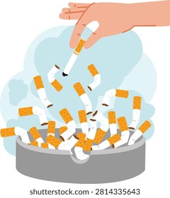 Hand dropping a cigarette stub onto a huge pile of butts.