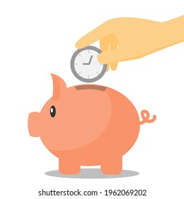 Hand dropping clock into piggy bank cartoon vector. concept of saving time or time management