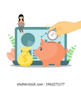 Hand dropping clock into piggy bank cartoon vector. concept of saving time ,time management, financial investment and growth stock