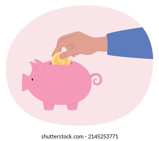 Hand dropping a coin into a piggy bank. Vector illustration of saving money concept.