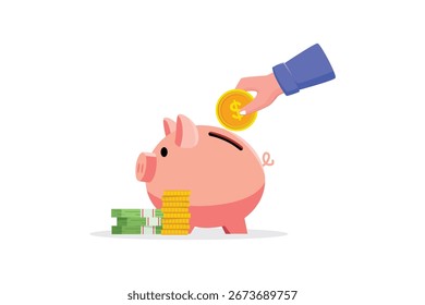 Mano que deja caer la moneda en el Vector de ahorros financieros de la hucha