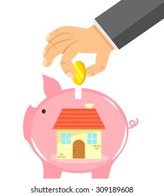 Hand Dropping Coin Into A Piggy Bank With A House In It