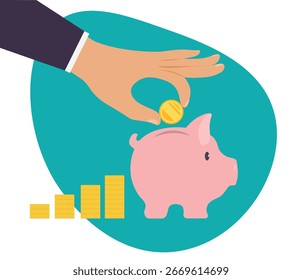 A hand dropping a coin into a pink piggy bank, with stacks of coins lined up behind it