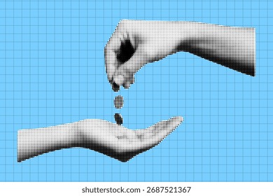 Hand dropping coins halftone collage