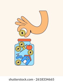 Dejar caer las monedas en un frasco etiquetado con los gastos esenciales de la vida, como vivienda, alimentos, servicios públicos y energía. Perfecto para finanzas, presupuestos, Vector de dibujos animados de ahorro