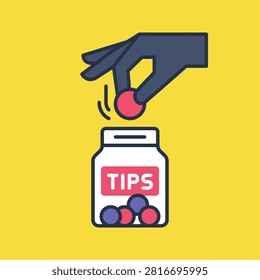 Hand dropping coins into a jar with a label saying tips on a bright yellow background. gratuity payment service appreciation contribution.