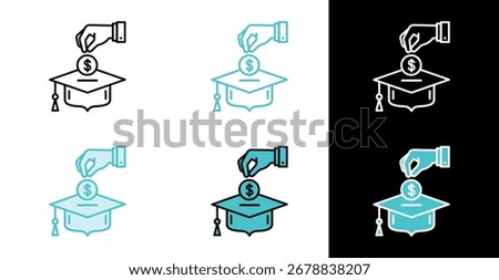 Hand dropping dollar coin into a graduation cap for education funding icon in line and fill style