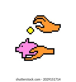 Hand dropping gold coin in a pink piggy bank, pixel art symbol isolated on white background. 8 bit savings icon. Old school vintage retro 80s, 90s 2d computer, video game, slot machine graphics.