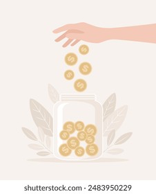A hand dropping gold coins into a glass jar. Flat vector illustration