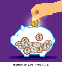 Hand dropping money into a piggy bank, Savings concept