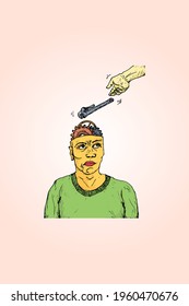 A hand dropping a monkey wrench into the open head of man for the concept of throwing a spanner in the works. Hand drawn vector illustration.