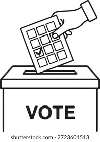 Mano que deja caer la boleta de papel con la marca de verificación en la votación de la ilustración de la caja de votación